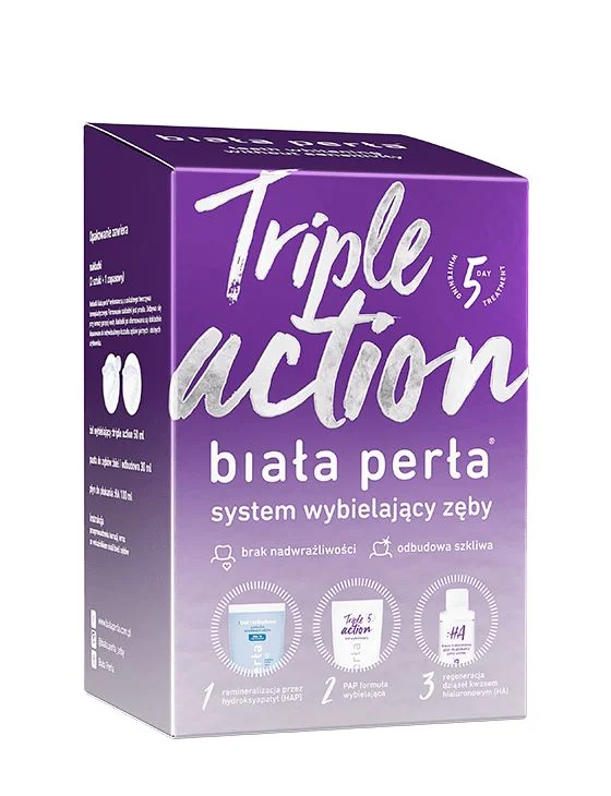 Zestaw do wybielania zębów Biała Perła Triple Action – pasta wybielająca 30 ml,  żel wybielający 50 ml, płyn do płukania 100 ml, 3 nakładki do formowania