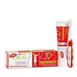 Oral7 Kids 50ml – pasta dla dzieci o smaku tutti frutti z ksylitolem oraz szczoteczką w zestawie