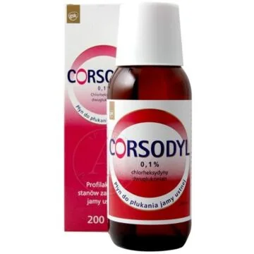 Płyn do płukania jamy ustnej wspomagający leczenie chorób dziąseł Corsodyl chlorheksydyna 0,1% 200ml