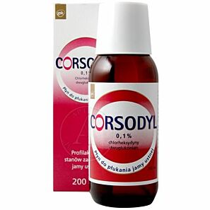 Płyn do płukania jamy ustnej wspomagający leczenie chorób dziąseł Corsodyl chlorheksydyna 0,1% 200ml