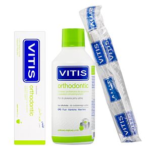 Vitis Orthodontic zestaw 3w1 – pasta, płyn i szczoteczka do zębów dla osób noszących aparat ortodontyczny